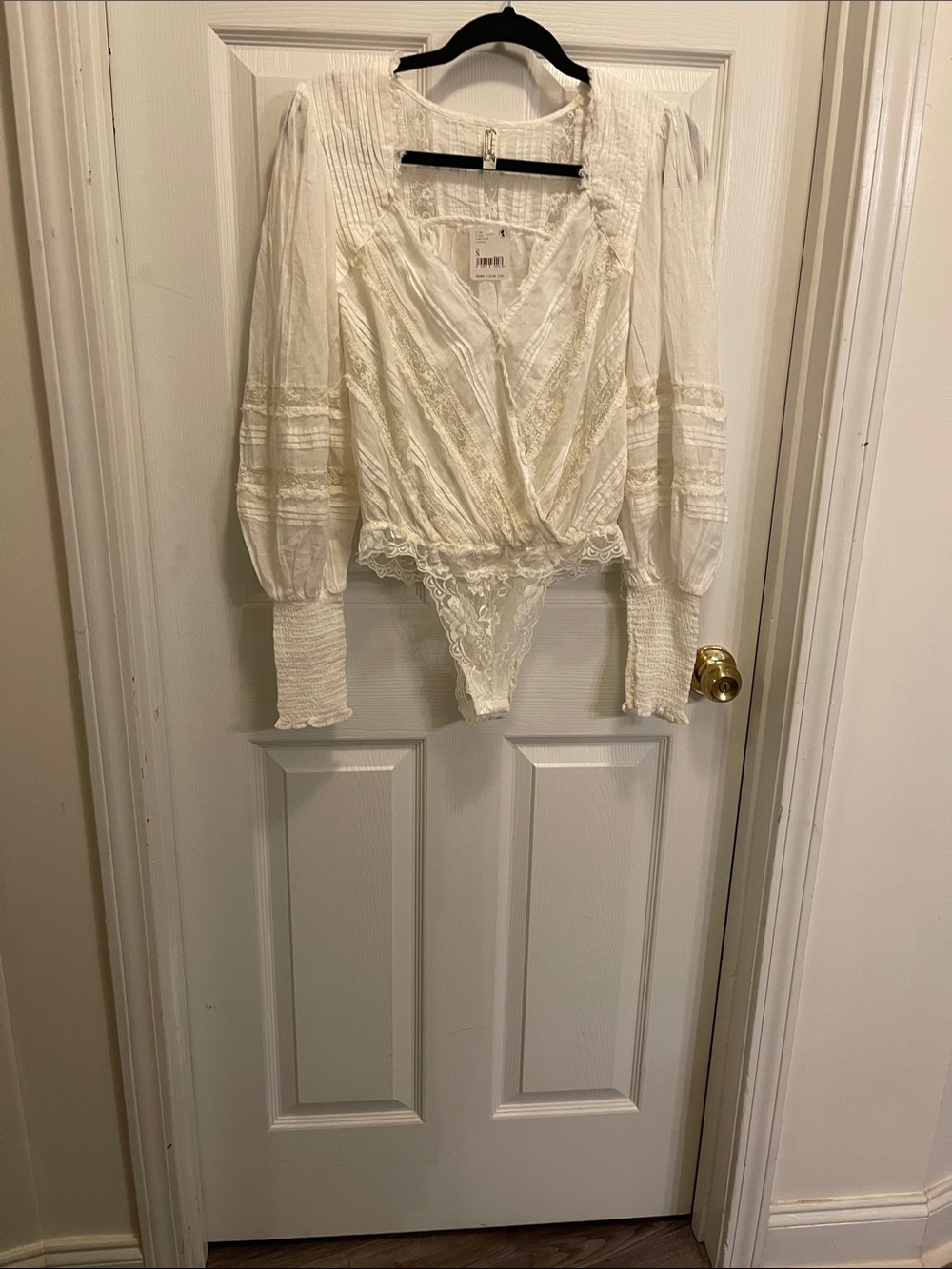 Free People Cream Lace-Trim Wrap Bodysuit Top